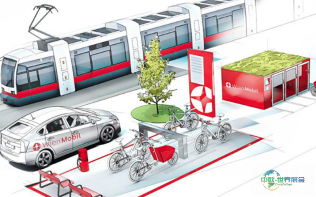 维也纳WienMobil站点的插画，展示电车、共享单车、共享汽车及品牌红色服务单元。