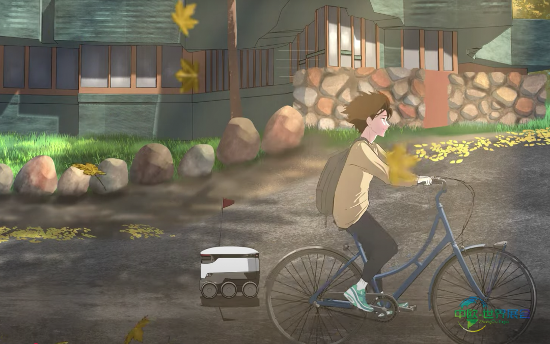 动画风格图像：一位年轻人骑行自行车，身后跟随小型配送机器人，代表赫尔辛基数字化连接的共享出行。