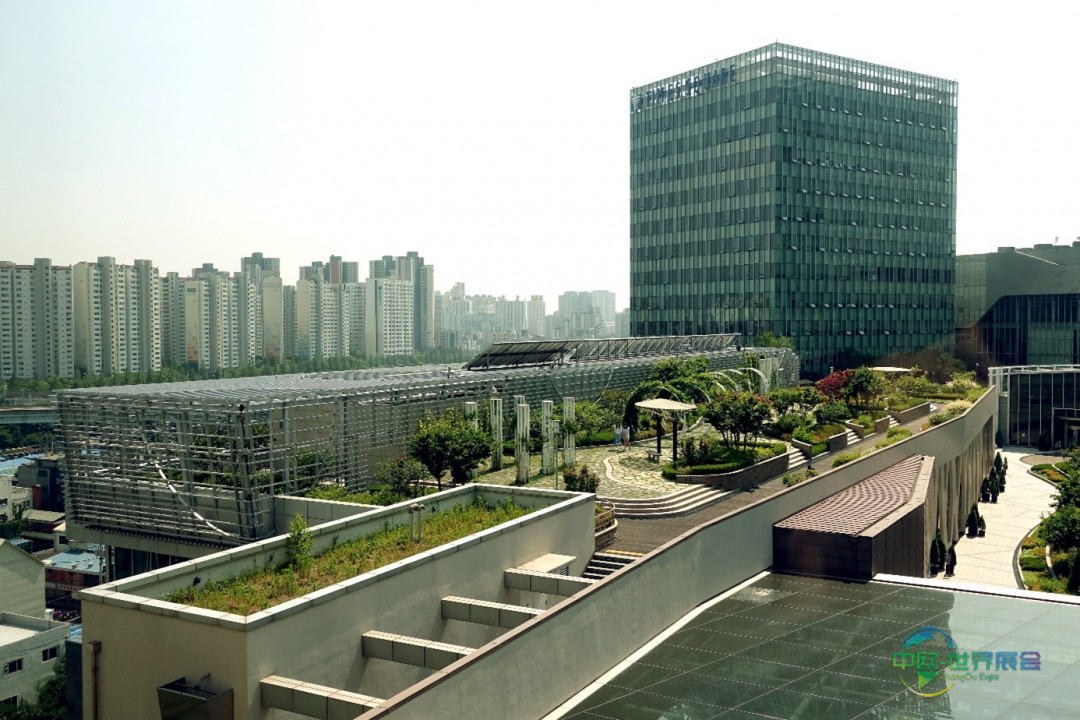 Green smart district with rooftop gardens, solar panels, sensor-equipped streetlights and low-emission public transport